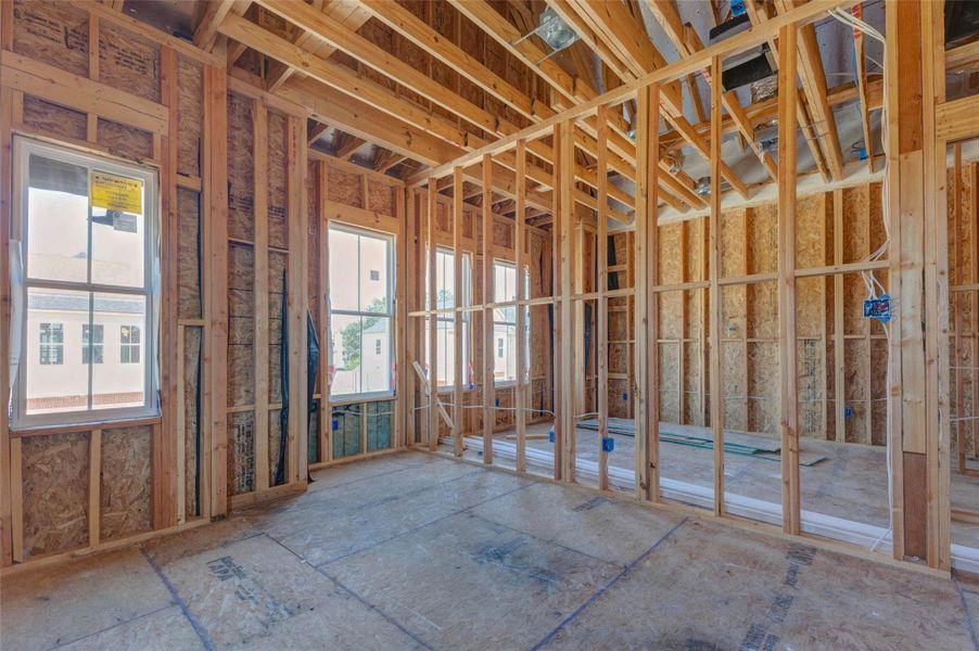 Bright upper-level framed room with multiple windows, tall wall lines, and visible wiring in place. Natural light fills the space, helping buyers envision the finished room’s comfort and flexibility. The open framing also provides a detailed look at the construction quality and future room configuration. Bright upper-level framed room with multiple windows, tall wall lines, and visible wiring in place. Natural light fills the space, helping buyers envision the finished room’s comfort and flexibility. The open framing also provides a detailed look at the construction quality and future room configuration.