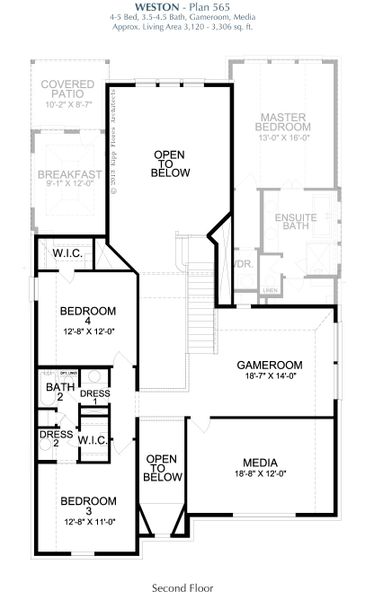 2D floor plan layout for the Weston by Landon Homes in Lexington Frisco, Frisco, TX (Image 4).