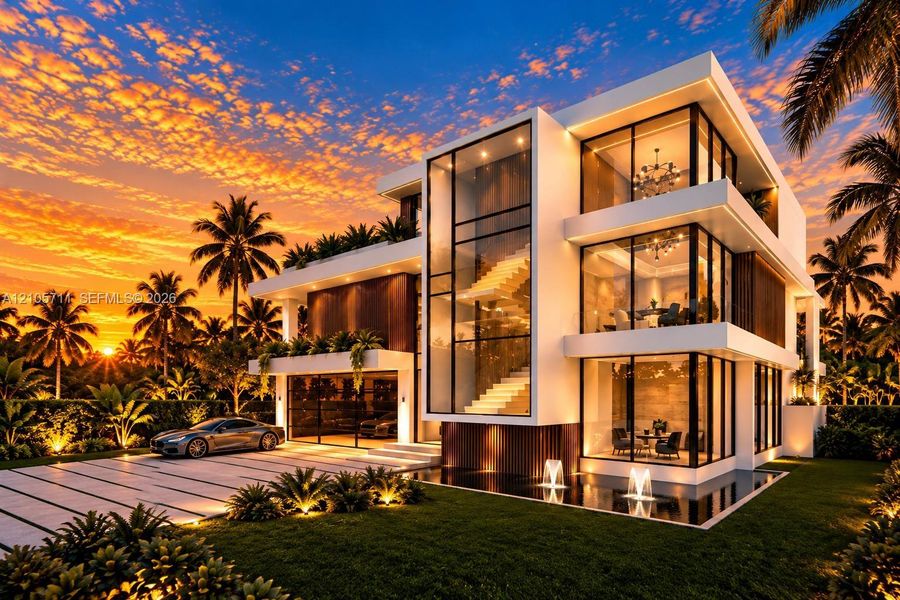 Modern three-story architectural exterior featuring floor-to-ceiling glass paneling, vertical wood-finish accents, an integrated reflective pool, and a multi-level terraced structure