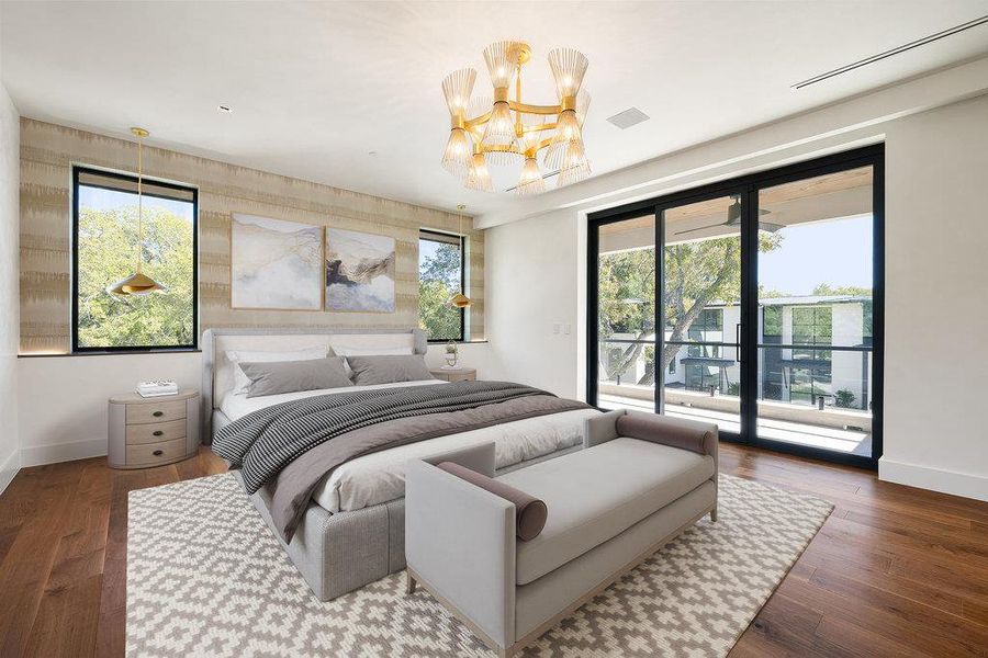 Bedroom featuring access to outside, a chandelier, and wood finished floors
