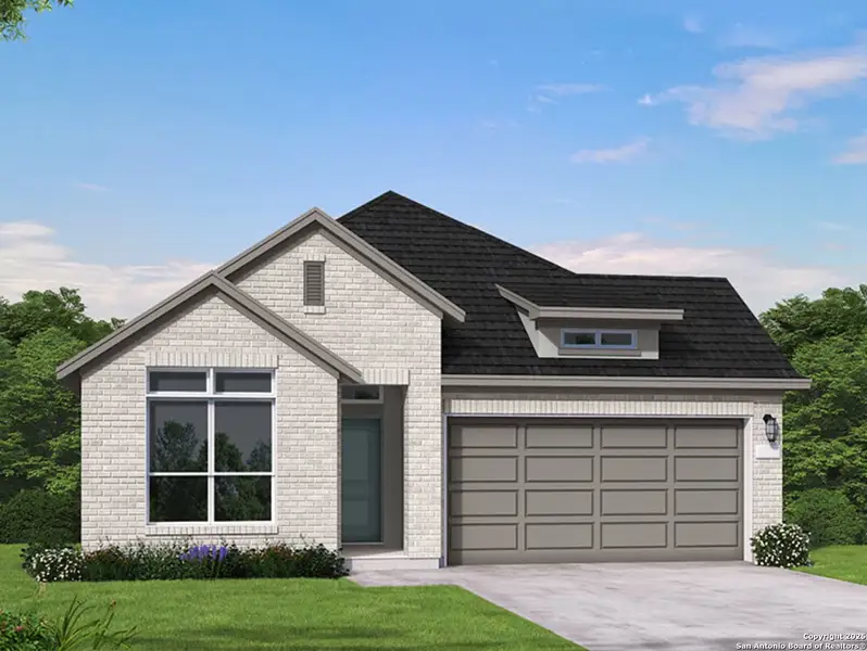 Front exterior of a new home in Sunflower Ridge, New Braunfels, TX, highlighting curb appeal (Image 1). Front exterior of a new home in Sunflower Ridge, New Braunfels, TX, highlighting curb appeal (Image 1).