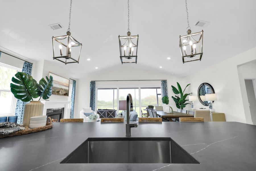 Kitchen with quartz island and countertops