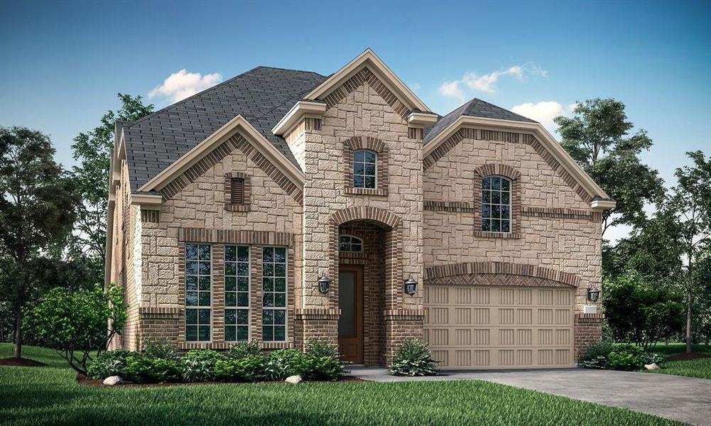 French provincial home featuring a front lawn and a garage