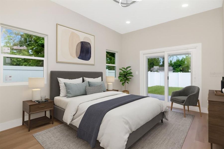 Virtually staged master bedroom.