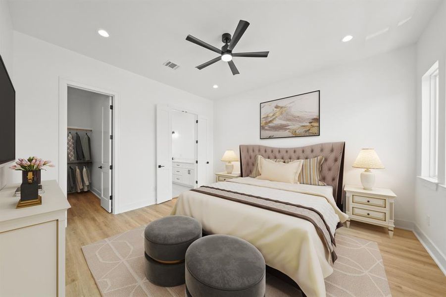 Virtually Staged: This primary bedroom is bright, and has a grand walk-in closet, as well as a beautiful en-suite bathroom. Photos are from a similar unit in the development.