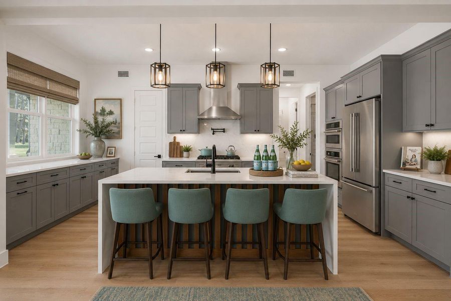 open concept kitchen with waterfall quartz countertops, beautiful dark gray cabinetry, pendant lighting, island with breakfast counter, stainless appliances, wall oven, built-in microwave, dishwasher, walk-in pantry, pot filler, undermount farm sink, cleaning closet, and so much more. Virtually staged to help you better imagine potential. Fridge photographed is virtual. open concept kitchen with waterfall quartz countertops, beautiful dark gray cabinetry, pendant lighting, island with breakfast counter, stainless appliances, wall oven, built-in microwave, dishwasher, walk-in pantry, pot filler, undermount farm sink, cleaning closet, and so much more. Virtually staged to help you better imagine potential. Fridge photographed is virtual.