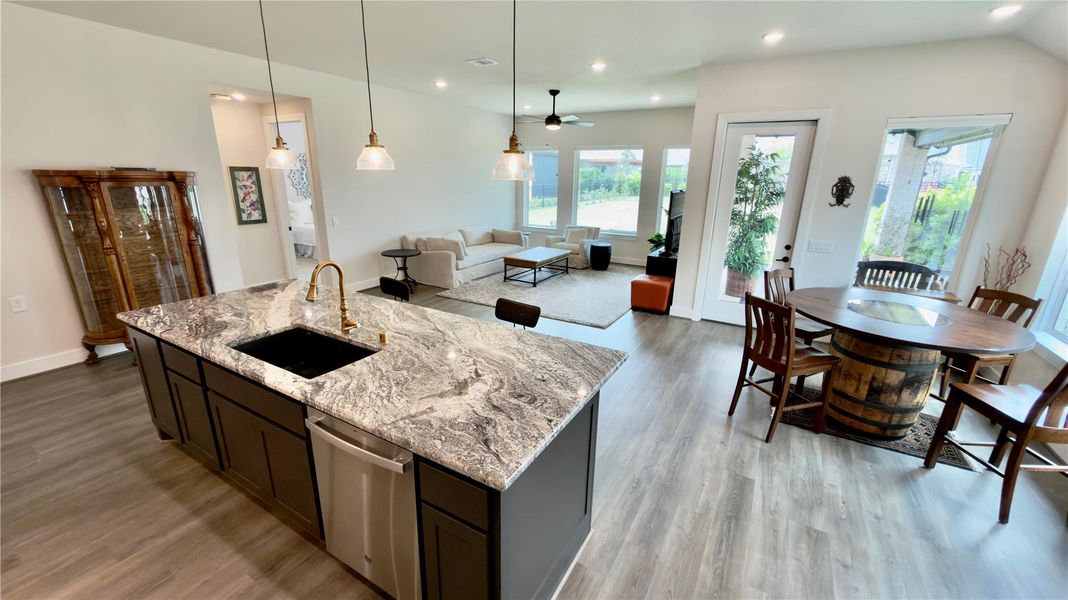 Another view of the open concept living/kitchen/dining area. Lots of light with 72" tall windows overlooking the largest backyard on the block