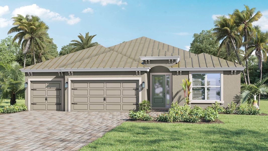 Front exterior of a new home in Riverwalk of Cocoa, Cocoa, FL, highlighting curb appeal (Image 1). Front exterior of a new home in Riverwalk of Cocoa, Cocoa, FL, highlighting curb appeal (Image 1).