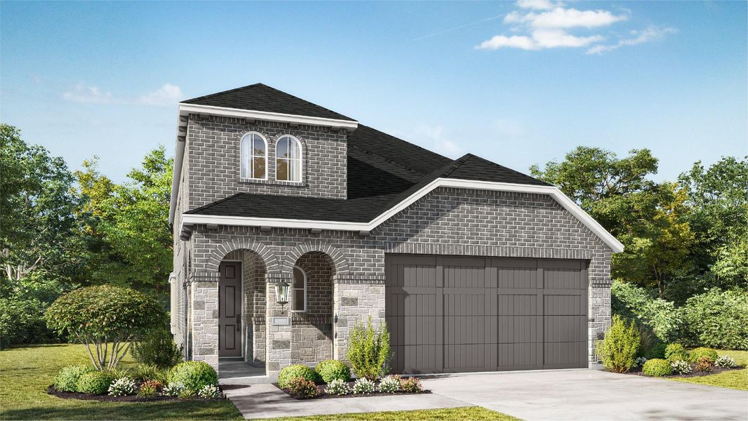 Front exterior of a new home in Brookewater, Rosenberg, TX, highlighting curb appeal (Image 1). Front exterior of a new home in Brookewater, Rosenberg, TX, highlighting curb appeal (Image 1).