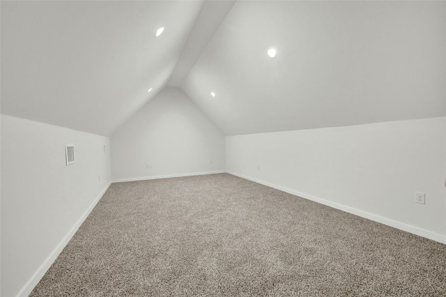 Additional living space with lofted ceiling and carpet floors