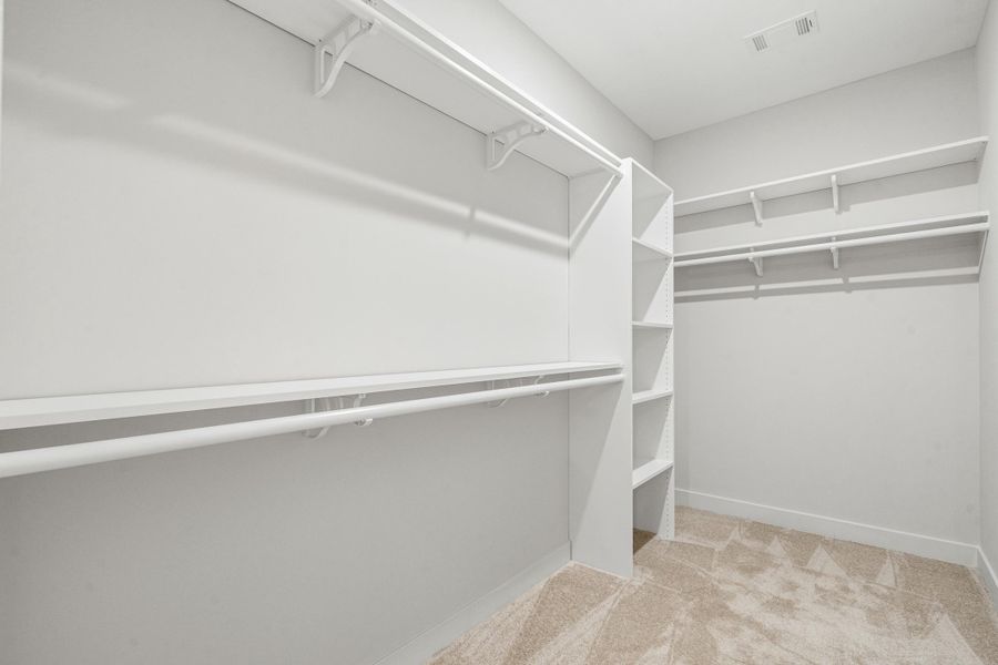 Spacious closet featuring built-in shelving, multiple hanging rods, and light-toned carpeting Spacious closet featuring built-in shelving, multiple hanging rods, and light-toned carpeting
