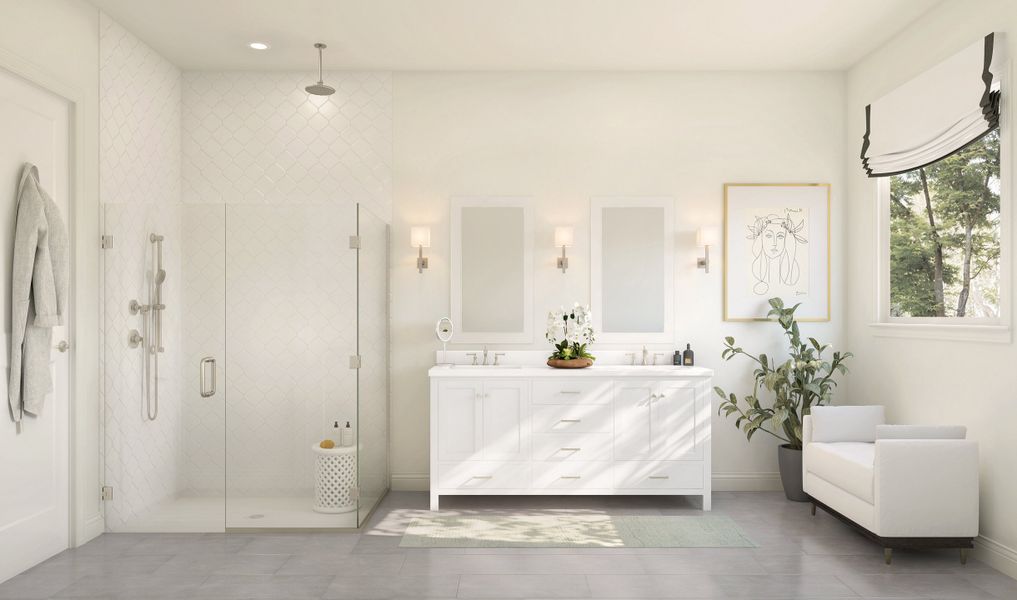 Primary bath with freestanding vanity