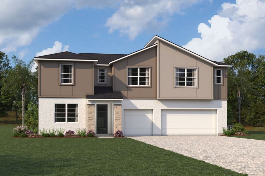 Representative exterior photo of a completed home built from the Red Bud by Mattamy Homes in Pasadena Ridge, Zephyrhills, FL (Image 14). Representative exterior photo of a completed home built from the Red Bud by Mattamy Homes in Pasadena Ridge, Zephyrhills, FL (Image 14).