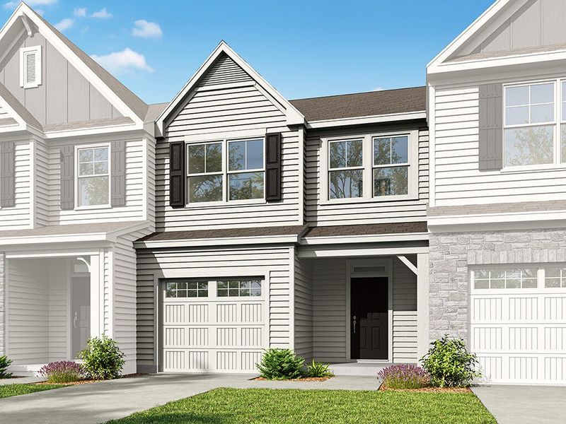 Front exterior of a new home in Running Brook Townes, Durham, NC, highlighting curb appeal (Image 1). Front exterior of a new home in Running Brook Townes, Durham, NC, highlighting curb appeal (Image 1).