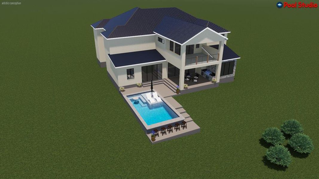 A modern residence boasts a private swimming pool, complete with a spa area and outdoor kitchen.