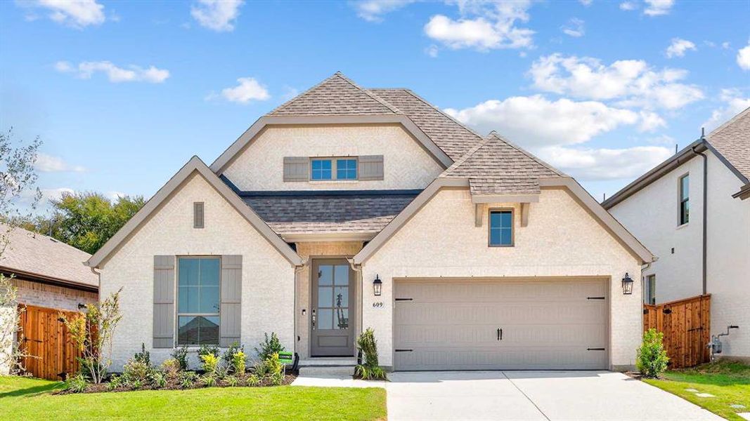 Front exterior of a new home in The Heights At Uptown Celina 50', Celina, TX, highlighting curb appeal (Image 2). Front exterior of a new home in The Heights At Uptown Celina 50', Celina, TX, highlighting curb appeal (Image 2).