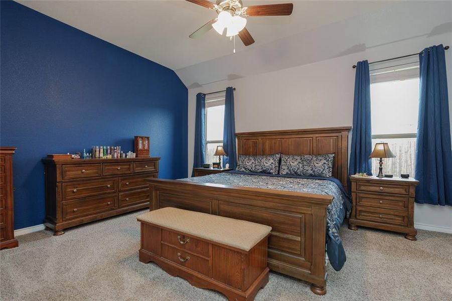 Carpeted bedroom featuring ceiling fan and lofted ceiling