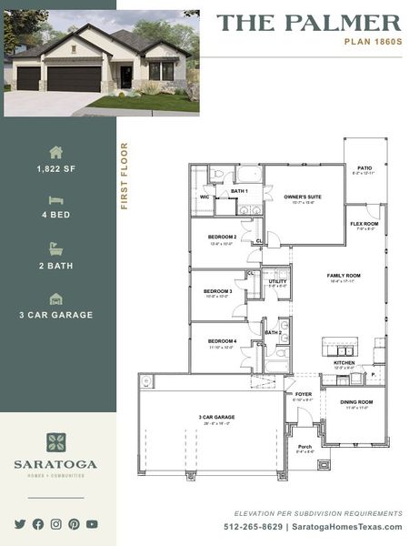 2D floor plan layout for the Palmer 1860 S 3CG by Saratoga Homes in Enclave at Cele, Pflugerville, TX (Image 3).
