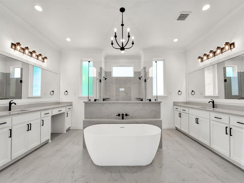Full bathroom featuring walk in shower, visible vents, marble finish floor, and a sink Full bathroom featuring walk in shower, visible vents, marble finish floor, and a sink