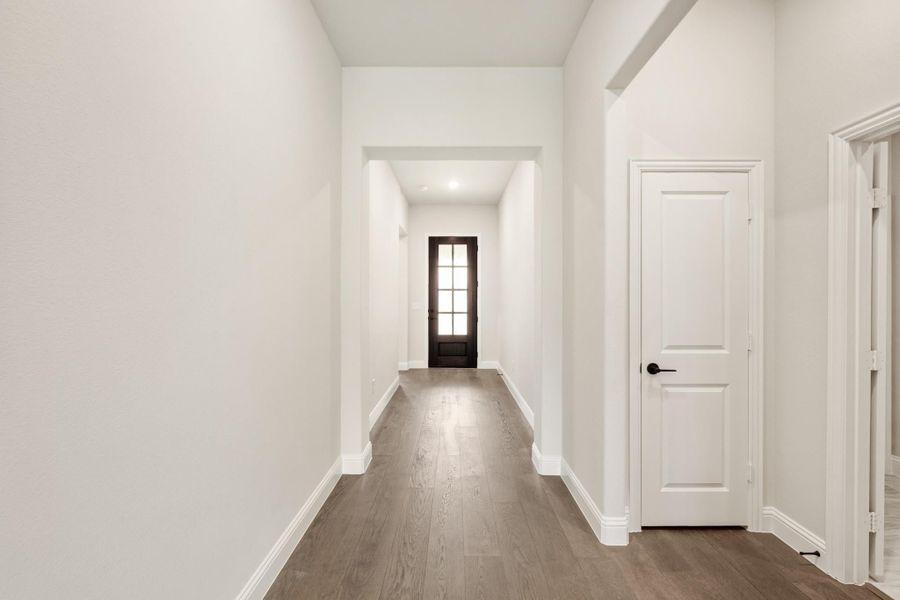 Hallway with white walls, dark hardwood floors, and a glass-panel door at the end Hallway with white walls, dark hardwood floors, and a glass-panel door at the end