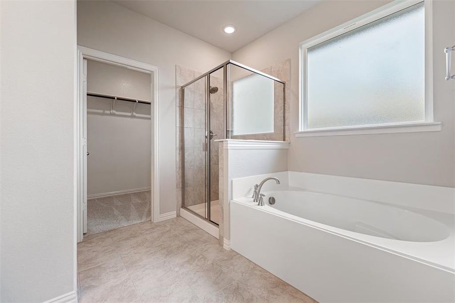 Bathroom with a spacious closet, a bath, and a stall shower Bathroom with a spacious closet, a bath, and a stall shower