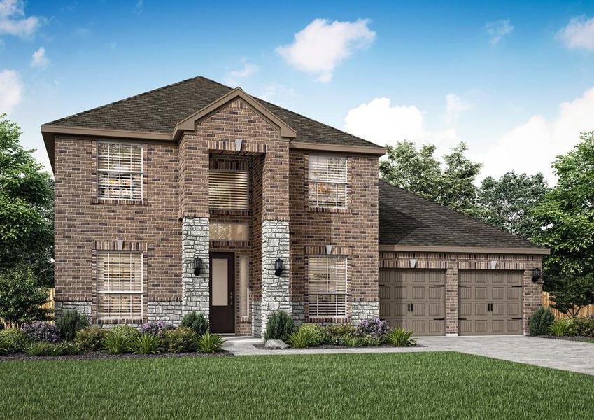 Artist rendering of the front elevation of the Redwood C by LGI Homes with brick and stone accents.