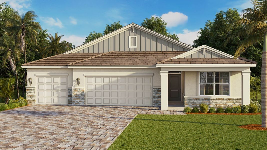 Representative exterior photo of a completed home built from the Denham by D.R. Horton in Cypress Bay West, Palm Bay, FL (Image 6). Representative exterior photo of a completed home built from the Denham by D.R. Horton in Cypress Bay West, Palm Bay, FL (Image 6).