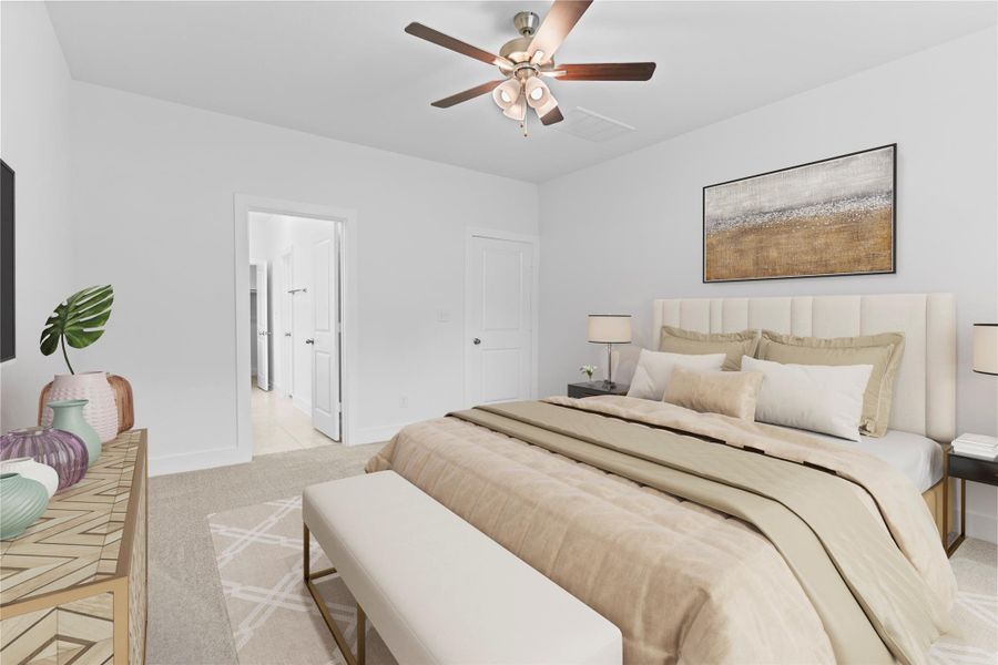 Wide angle showcases the primary suite’s layout, with direct access to the luxurious en-suite bath and plenty of room for a full bedroom furniture set. *Virtually Staged* **Image Representative of Plan Only and May Vary as Built**.