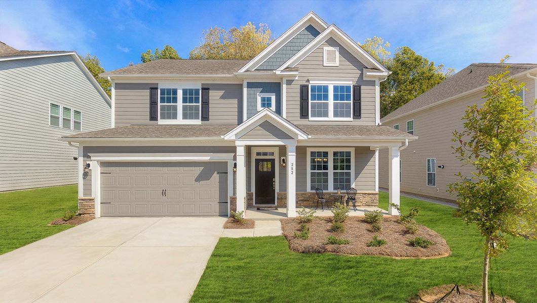 Front exterior of a new home in Sylvan Creek, Denver, NC, highlighting curb appeal (Image 1). Front exterior of a new home in Sylvan Creek, Denver, NC, highlighting curb appeal (Image 1).