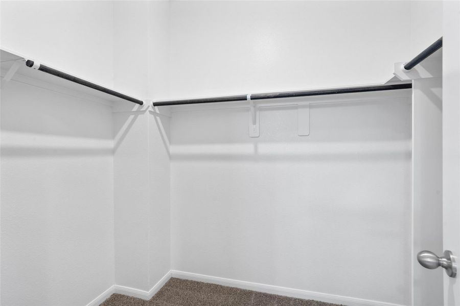 The primary suite features a generous walk-in closet equipped with functional hanging rods and shelving.