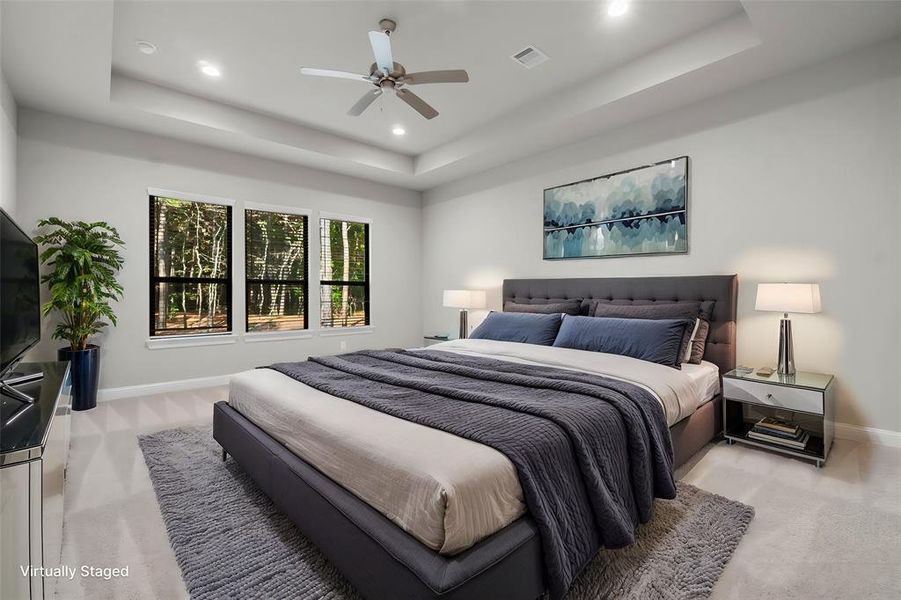 Primary bedroom suite with tray ceiling.