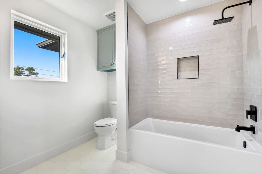 Vision layout of second story bathroom showcasing modern shower design and egress window Vision layout of second story bathroom showcasing modern shower design and egress window