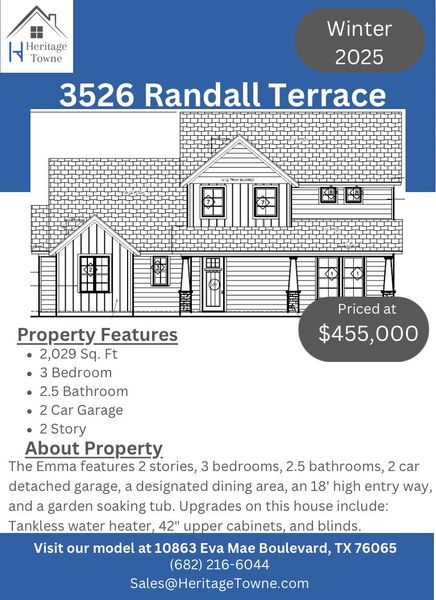 Representative exterior photo of a completed home built from the Emma by Heritage Towne in Heritage Towne, Grand Prairie, TX (Image 2). Representative exterior photo of a completed home built from the Emma by Heritage Towne in Heritage Towne, Grand Prairie, TX (Image 2).