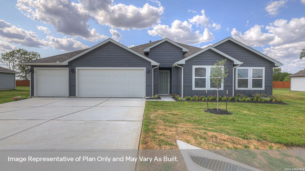 Front exterior of a new home in Hartland Ranch, Lockhart, TX, highlighting curb appeal (Image 1). Front exterior of a new home in Hartland Ranch, Lockhart, TX, highlighting curb appeal (Image 1).
