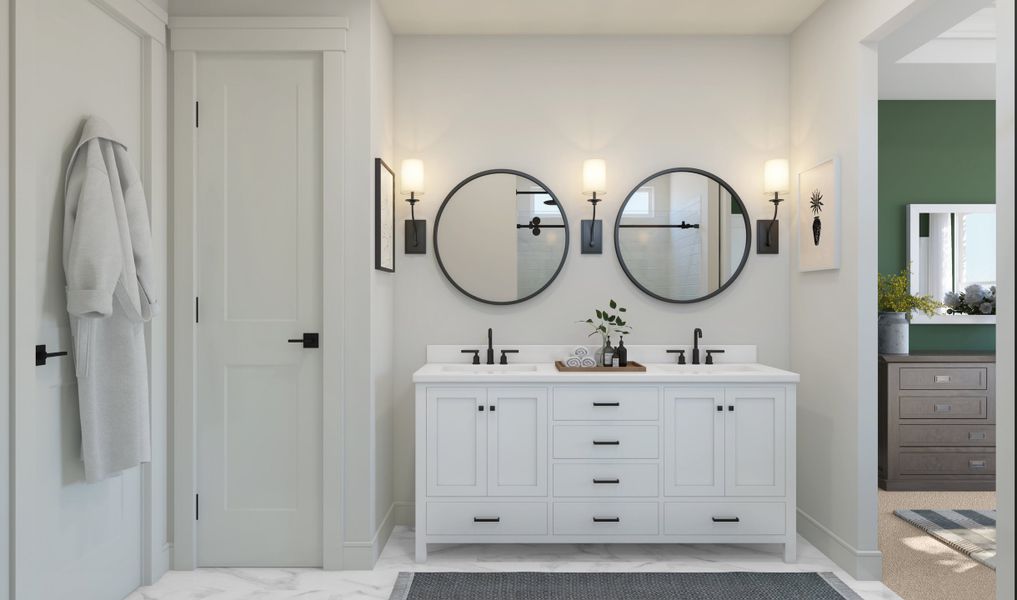 Primary bath with freestanding dual vanities