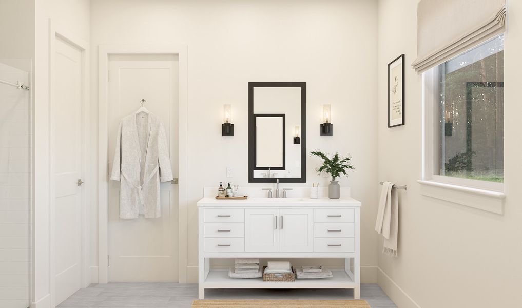 Glamorous primary bath with furniture like vanity