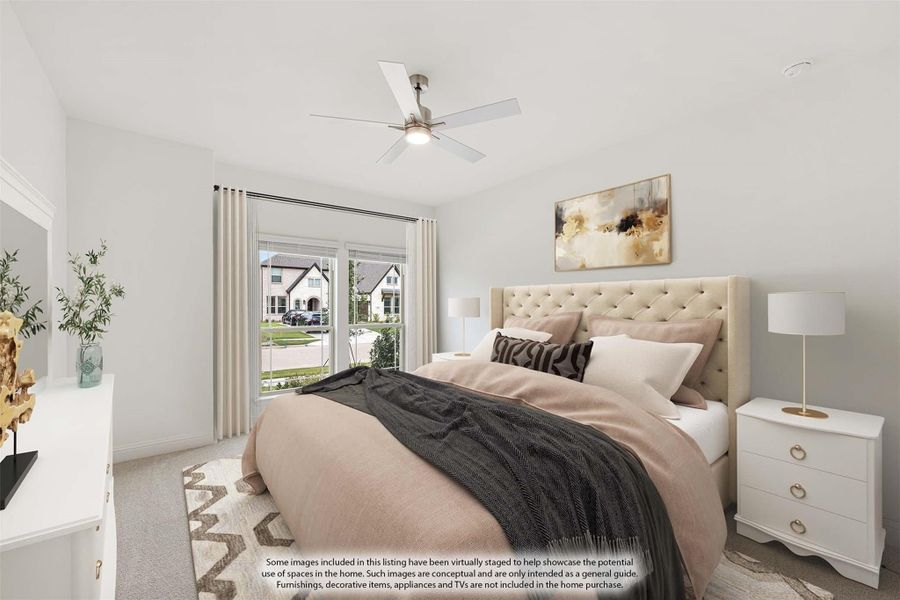 Bedroom with tufted headboard, ceiling fan, and sliding glass door with neighborhood view Bedroom with tufted headboard, ceiling fan, and sliding glass door with neighborhood view