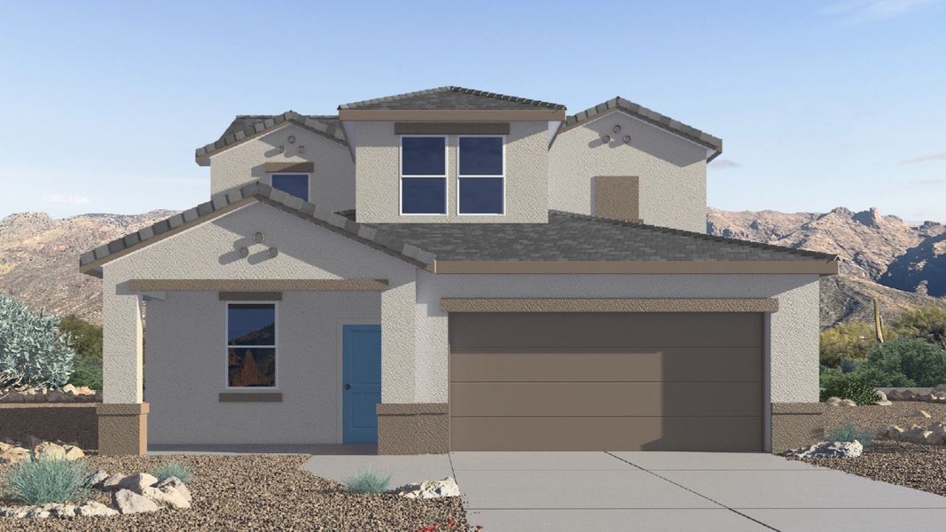 Front exterior of a new home in The Oasis at Rocking K, Vail, AZ, highlighting curb appeal (Image 1).