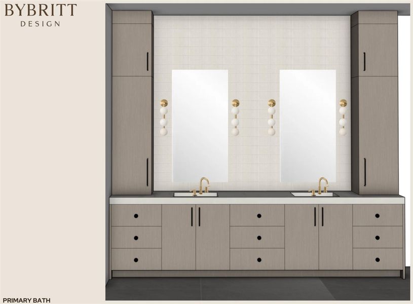 Double vanities with sleek cabinetry create a primary bath oasis. Double vanities with sleek cabinetry create a primary bath oasis.