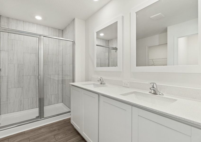 Dual sink vanity and step-in shower in the master bathroom