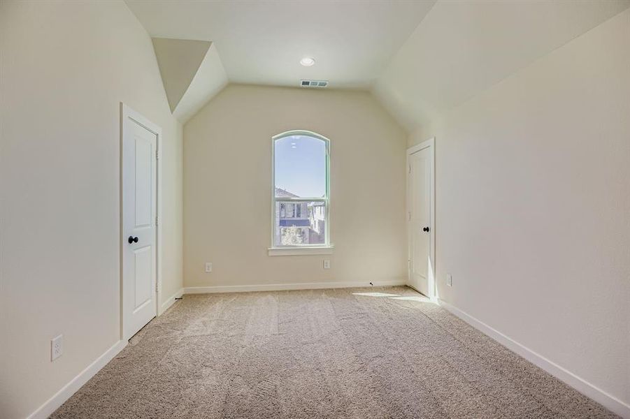 Bonus room with light colored carpet and lofted ceiling