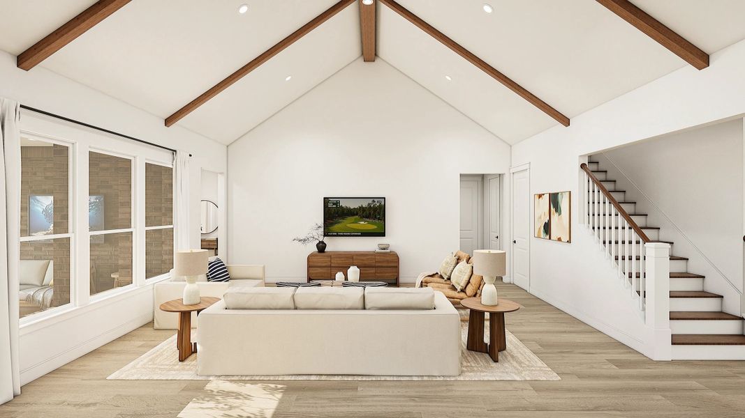 Great Room with Stained Ceiling Beams