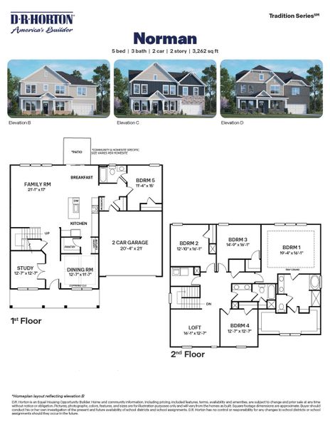 2D floor plan layout for the NORMAN by D.R. Horton in Eagle Creek, Fuquay Varina, NC (Image 3).
