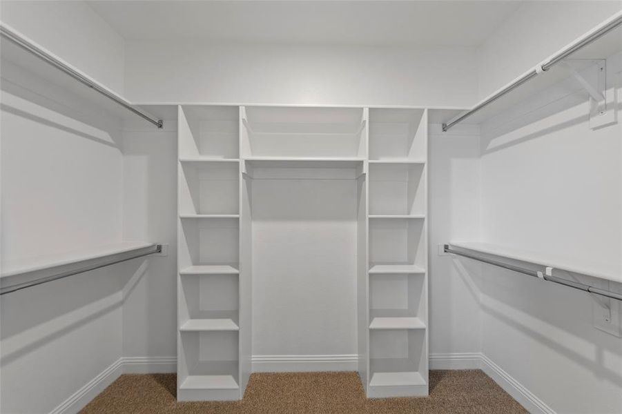 Walk in closet featuring light carpet