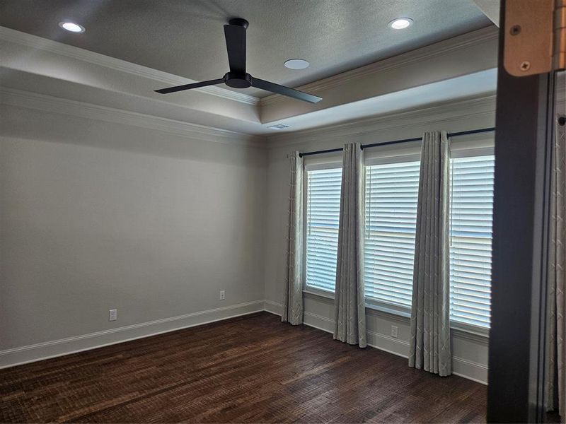 Empty room featuring ceiling fan, a raised ceiling, ornamental molding, a textured ceiling, and dark hardwood / wood-style floors