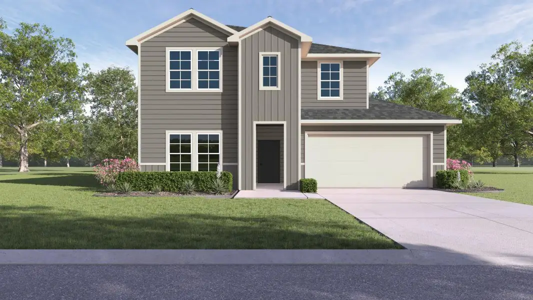 Front exterior of a new home in Watermill, Uhland, TX, highlighting curb appeal (Image 1). Front exterior of a new home in Watermill, Uhland, TX, highlighting curb appeal (Image 1).