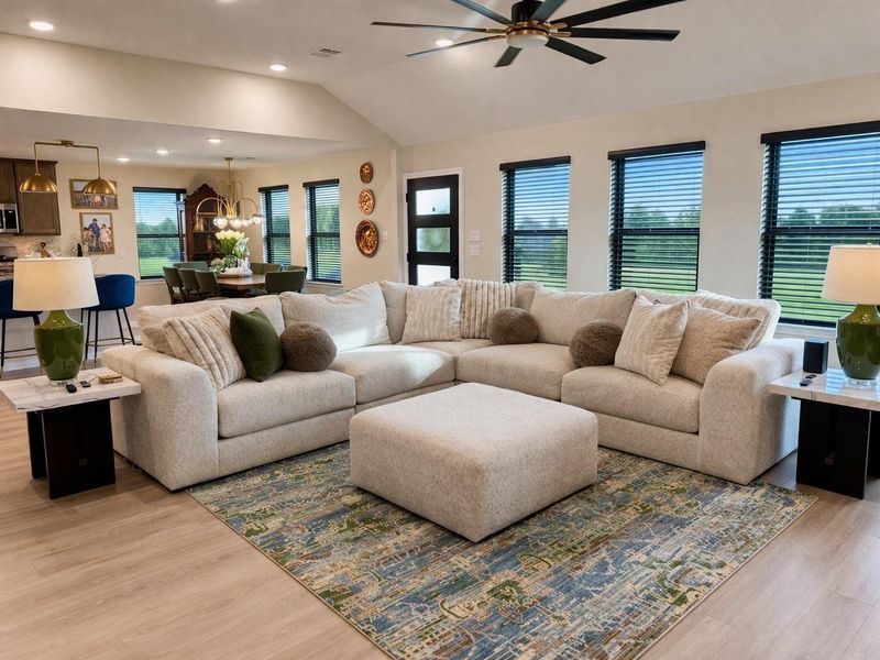 Living room with stone fireplace