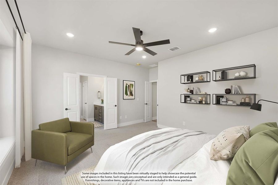 Bedroom with ceiling fan, wall shelves, and ensuite bathroom access, virtually staged with green furniture and carpet flooring