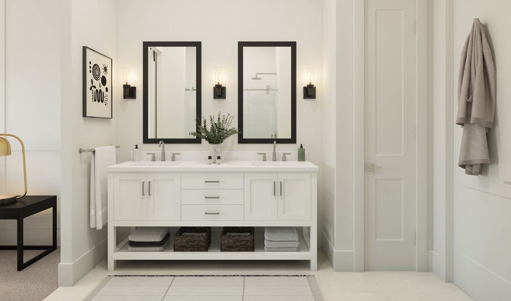 Primary bath with freestanding vanity