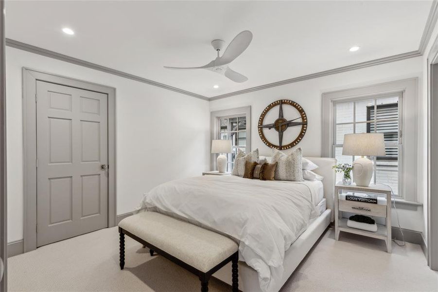 Bedroom featuring ceiling fan, ornamental molding, baseboards, and recessed lighting